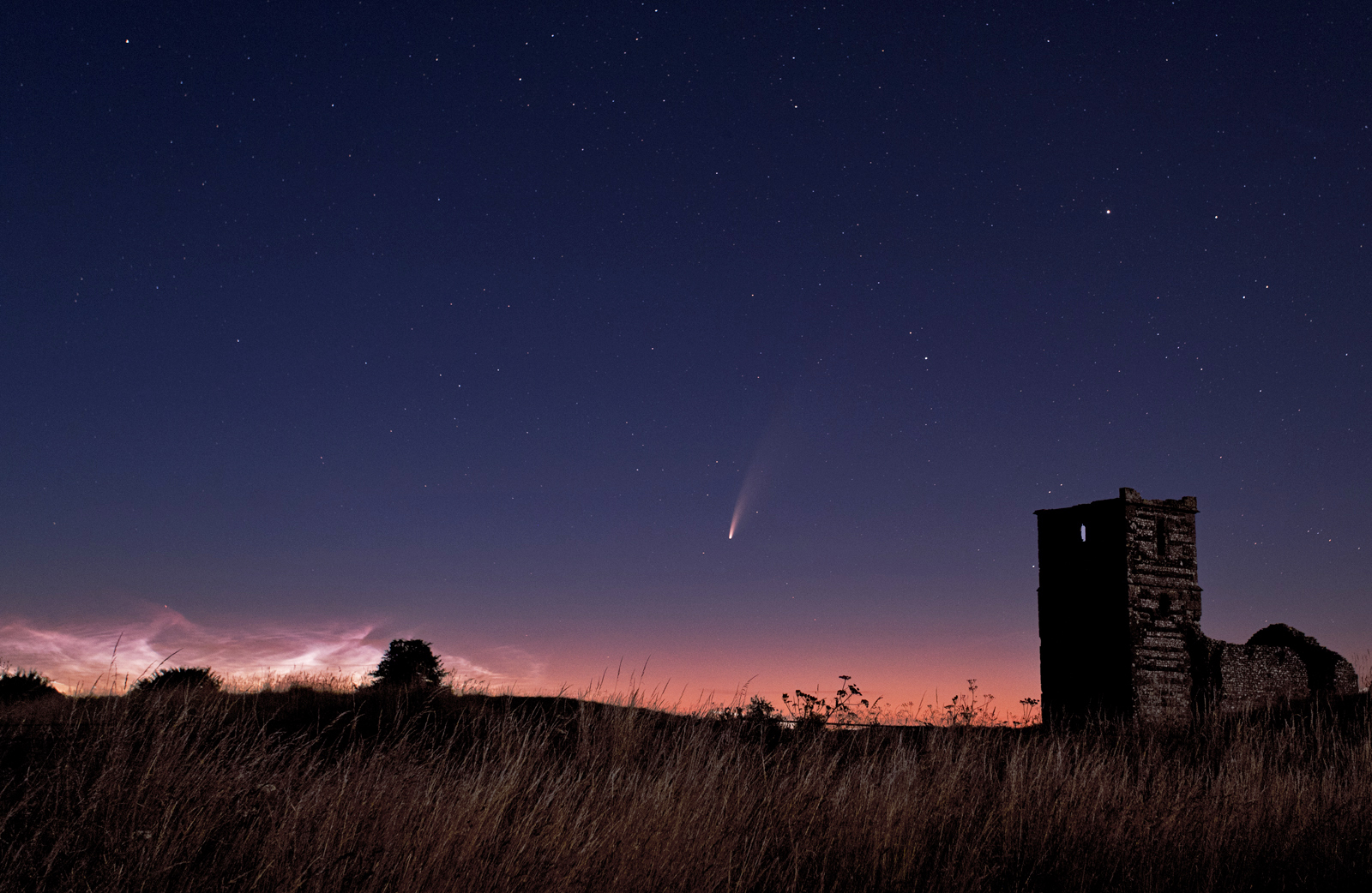 Comet Neowise & Noctilucent clouds at Knowlton Church and Earthworks